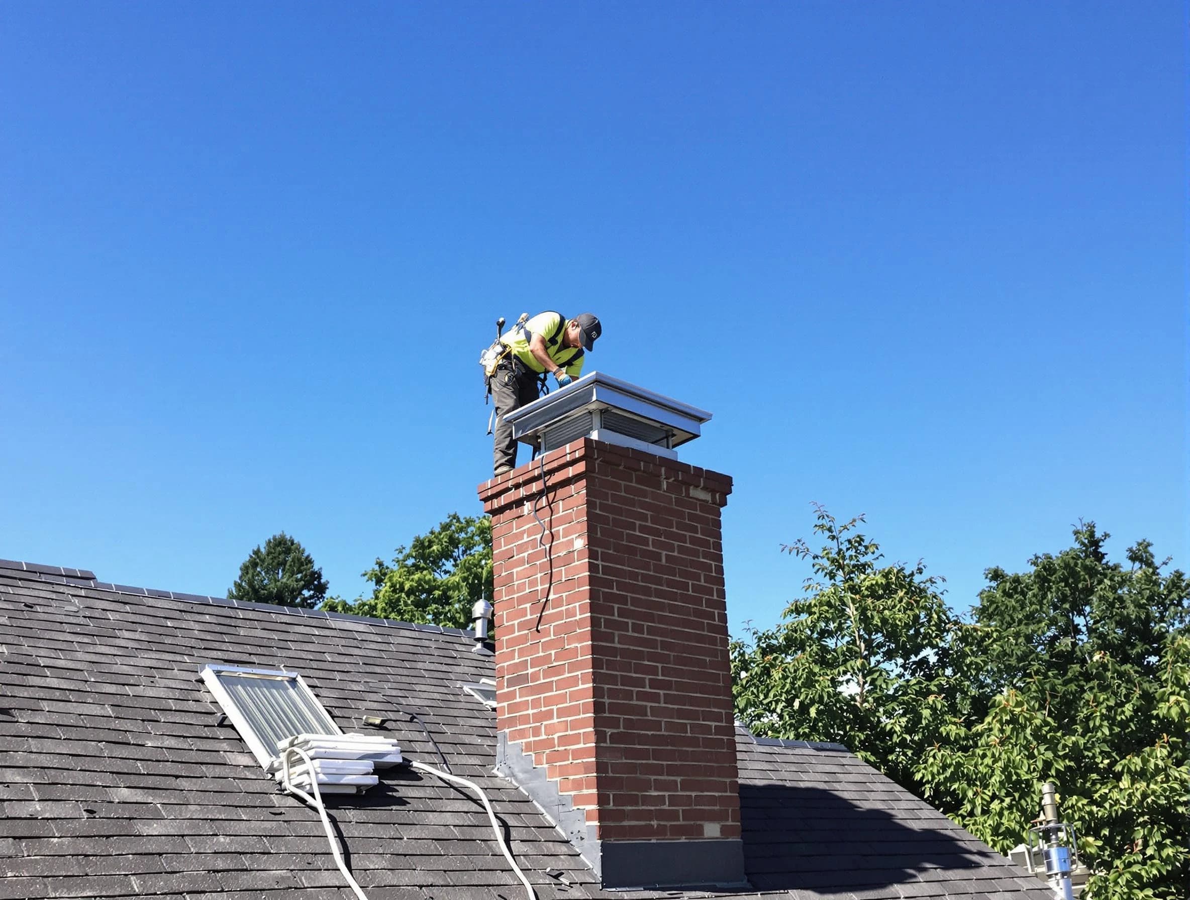 Midway Chimney Sweep technician measuring a chimney cap in Midway, UT